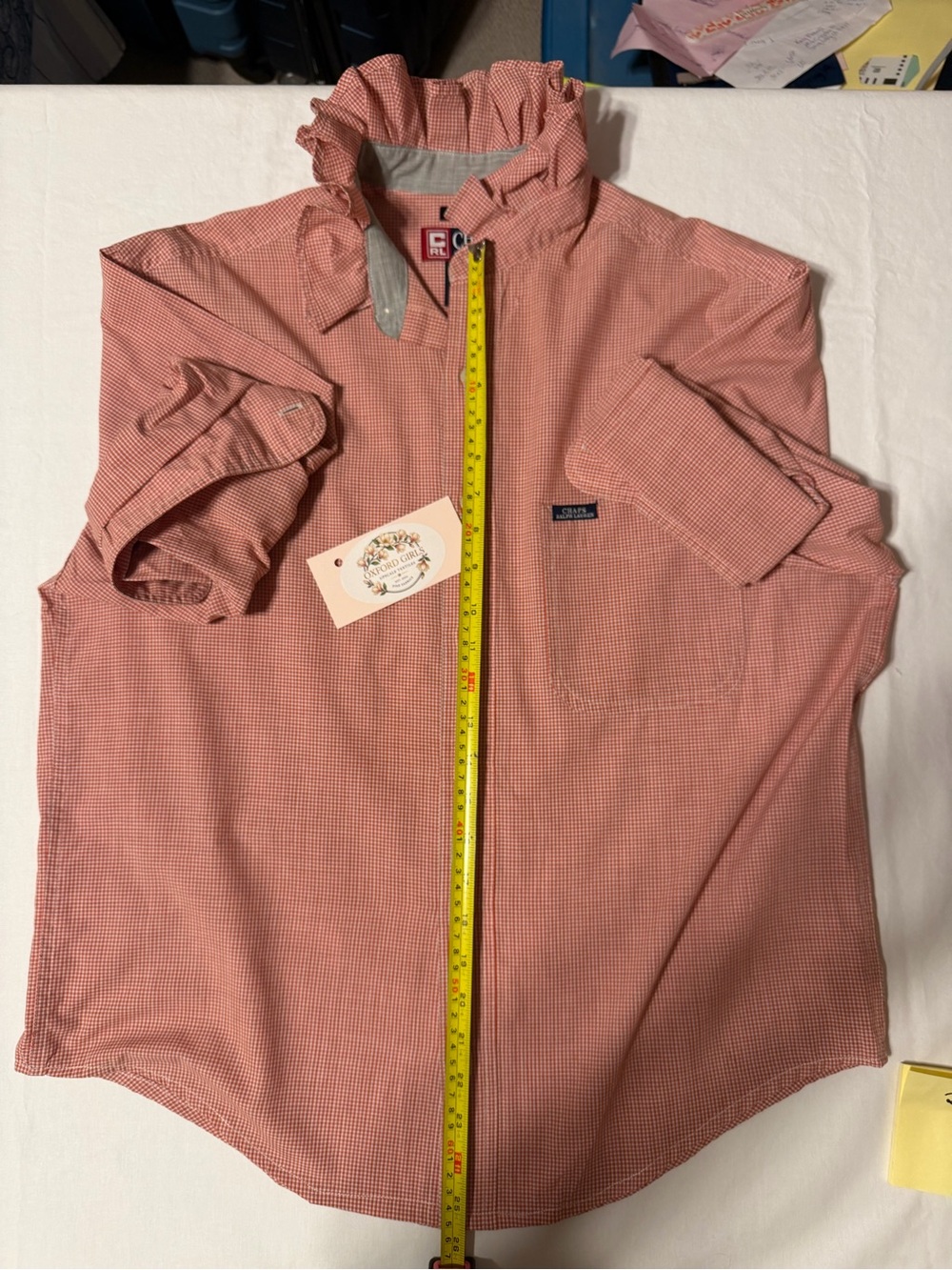 Ruffles, Gingham, super comfortable women's button down CHAPS blouse L - Picture 6 of 7